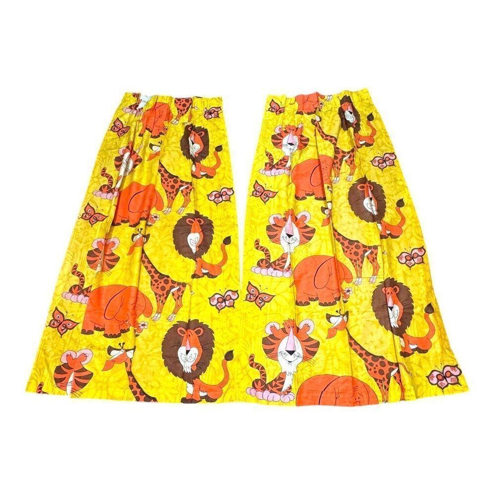 Vtg 1960s Kids Jungle Safari Animal Print Curtains 60x37 Yellow Lions Elephants